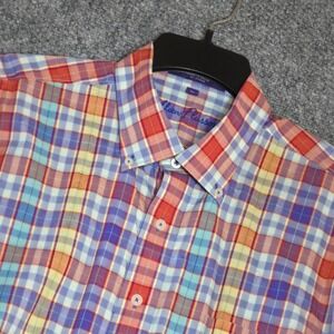 Alan Flusser Mens XL Short Sleeve Button Down Shirt Multi Color Plaid Cotton